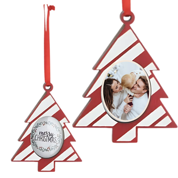 Drewniana ramka na zdjęcie zawieszka na choinkę bombka ze zdjęciem choinka