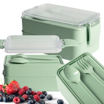 Śniadaniówka lunchbox piętrowy pojemnik śniadanie pracy sztućce zielony 1l