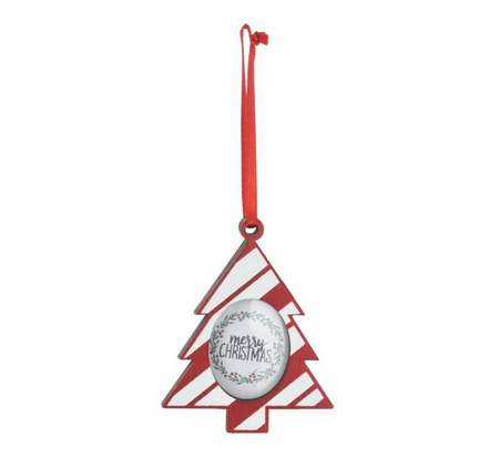 Drewniana ramka na zdjęcie zawieszka na choinkę bombka ze zdjęciem choinka