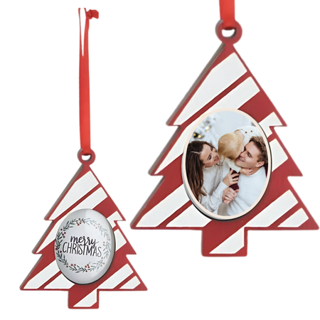 Drewniana ramka na zdjęcie zawieszka na choinkę bombka ze zdjęciem choinka