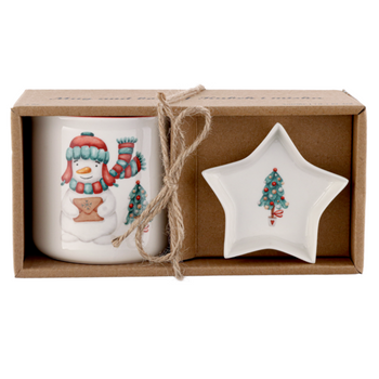 Kubek świąteczny na prezent duży ceramiczny 300 ml zestaw miseczka spodek