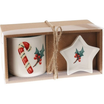 Kubek świąteczny na prezent duży ceramiczny 300 ml zestaw miseczka spodek